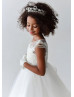Cap Sleeves Beaded Ivory Lace Tulle Illusion Pearl Buttons Back Flower Girl Dress